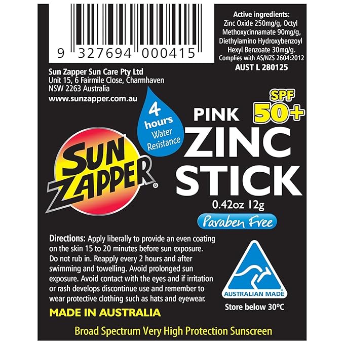 Sun Zapper Zinc Oxide Sunscreen Stick SPF 50+ Pink – Colored Mineral Sunscreen Stick for Face, Water Resistant Sunblock for Kids and Adults, Broad Spectrum, Travel Size 12g (0.42 oz), Australian Made