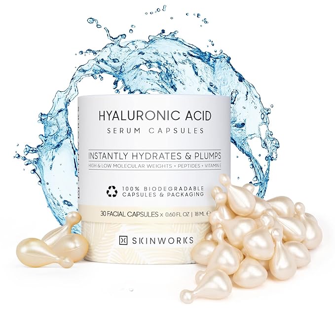 SKINWORKS Hyaluronic Acid Serum for Face, Anti Aging Serum for Fine Lines & Wrinkles, Hydrating Glow, Face Moisturizer Plump & Repair Dry Skin, Unscented, 30 Capsules