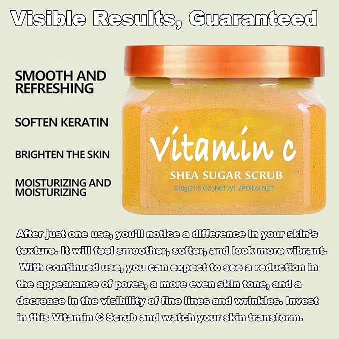 Facial Scrub Vitamin C Shea Sugar Scrub Ultra Hydrating and Exfoliating for Nourishing Essential Body Care Improves Acne Scars, Blackheads, Pore Size, and Skin Texture 21oz