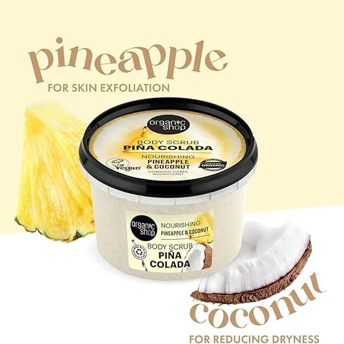 Organic Shop Coconut & Pineapple, Nourishing & Exfoliating Body Scrub, 100% Vegan & Organic, Daily Exfoliant, Detox & Moisturizer, Body, Face, Hand & Foot, Intensive Care & Skin Toning. 250ml.