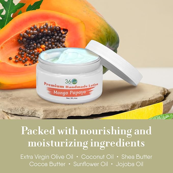 360Feel Mango Papaya Body Lotion - Hydrates with Coconut & Olive Oil, Plant-Based, Non-Greasy, Sensitive Skin, All Day Use