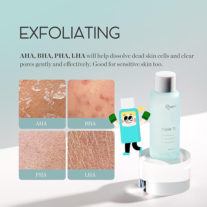 K-Beauty Triple Toner - Exfoliating, Soothing & Calming, Moisturizing, pH 5.5 Balanced with AHA, BHA, PHA, LHA - Lightweight, Non-Sticky - Daily Toner for All Skin Types- Fragrance freeㅣ5.07 fl.oz