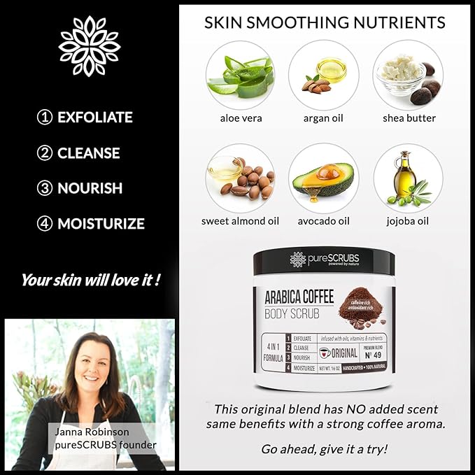 pureSCRUBS Premium Organic Arabica Coffee Body Scrub Set - ORIGINAL BLEND Large 16oz Anti Cellulite Scrub Essential Oils & Nutrients + FREE Wooden Spoon, Loofah & Mini Organic Exfoliating Bar Soap