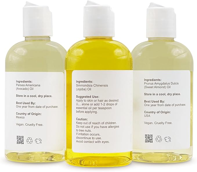 Sweet Almond Oil | Golden Jojoba Oil | Avocado Oil | Pack of 3 | Cold Pressed | Carrier for Essential Oils, Moisturizer for Skin, Face & Hair, Soap Making | 8 fl oz Each