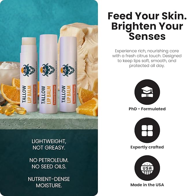 Moisturizing Tallow Lip Balm – Grass-Fed Beef Tallow with Organic Coconut Oil, Beeswax, and Vitamin E – Sweet Orange – Lip Balm Set – Travel Essential – 3-Pack