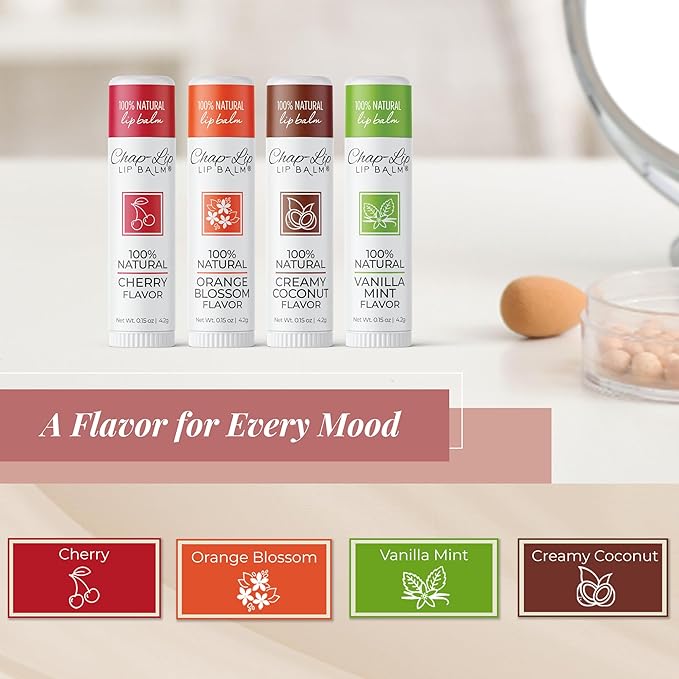 Chap-Lip Lip Balm 100% Natural Lip Balm Set, Hydrating and Moisturizing Beeswax Natural Flavor Assortment, Lip Moisturizer for Dry Lips, Cocoa Butter, Petroleum Free, 8 Count, 2 Pack