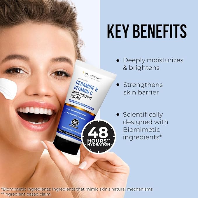 Dr. Sheth's Ceramide & Vitamin C Moisturizing Cream |For Dry to Very Dry Skin | 48hr Deep Hydration | Non Sticky | Biomimetic Ingredients | For Men & Women |100g