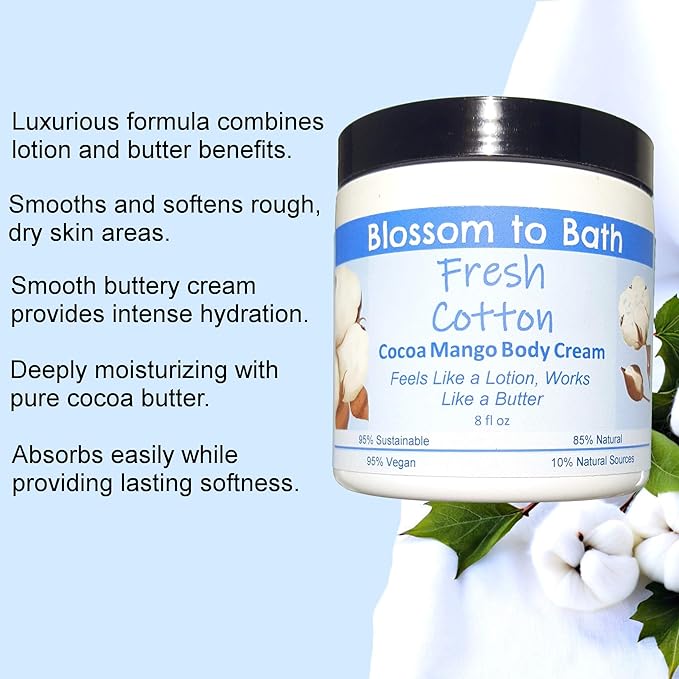 Fresh Cotton Cocoa Mango Body Cream (8 Ounce) - Phthalate Free Fragrance - Feels Like A Lotion And Works Like A Butter with a Clean Cotton Scent