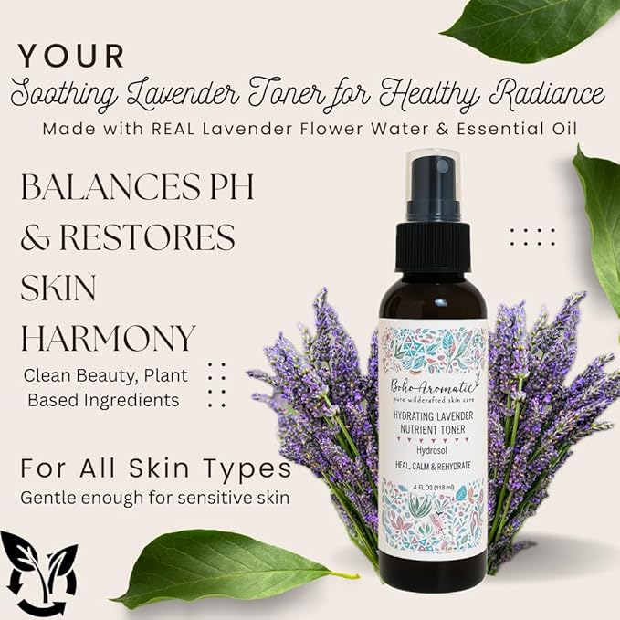 Hydrating Lavender Facial Mist – Natural Face Spray Toner with Pure Lavender Hydrosol – Refreshing & Calming Skincare Mist for Dry or Sensitive Skin – 4 fl oz by Boho Aromatic