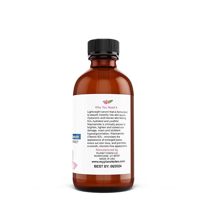 Planet Eden 12% Niacinamide Intensive Serum + Hyaluronic Acid (1 oz) Vitamin B3 - Correct Sun Damage