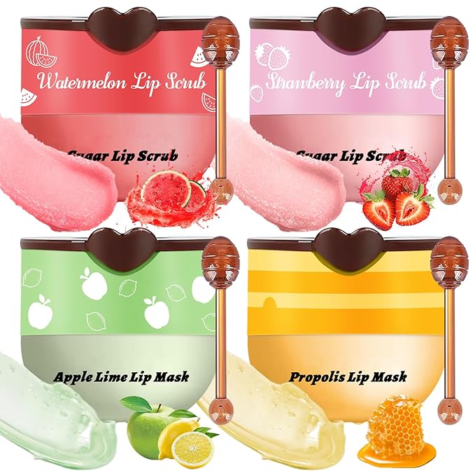 4 Pcs Bee Lip Balm Honey Pot Lip Mask & Lip Scrub Set, Honey Strawberry Watermelon Apple Lime Lip Mask Overnight, Moisturizing Sleeping Lip Mask, Hydrate Repair Prevent Dry Cracked Lip Care