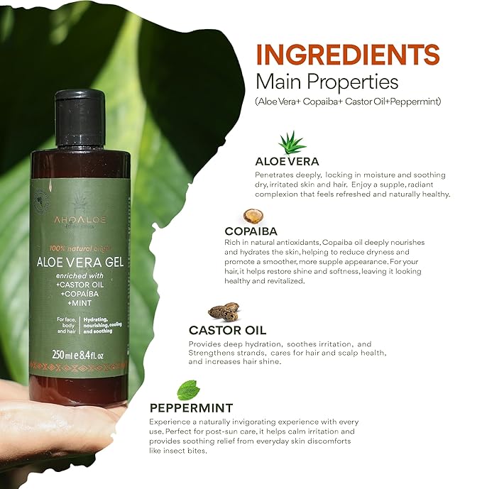 AHOALOE Brazilian Aloe Vera Gel - Multipurpose Moisturizing Natural Gel with Copaiba, Castor Oil and Fresh Mint and Natural for Face, Skin and Hair - After Sun Care, Sunburn Relief 8.4oz
