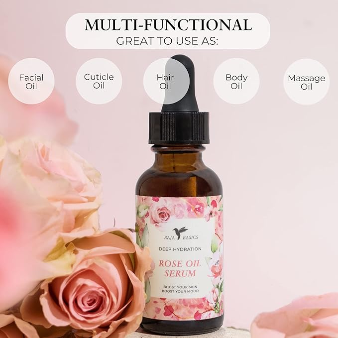 Baja Basics Rose Oil for Face, Rose Essential Oil, Face Serum for Skin, Hair and Nails, Unrefined Moisturizer, Hydrating Skincare Product 1 oz