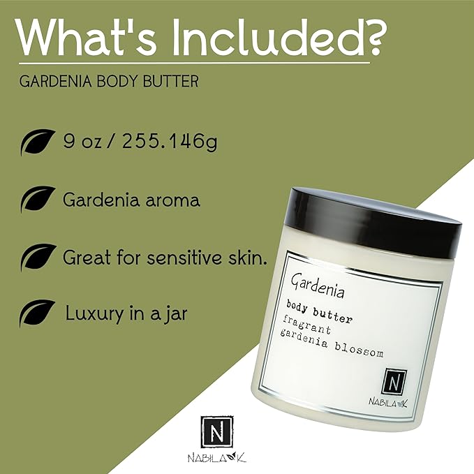 Nabila K Body Butter - Daily Moisturizer for Body Care - Skin Hydrating Deep Moisturizing - Natural Ingredients - Gardenia - 9 oz