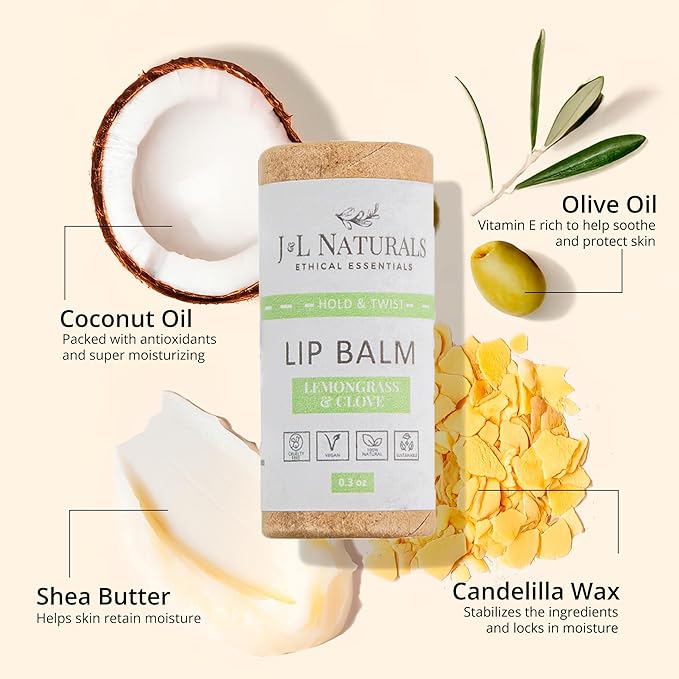 J&L Naturals Sustainable Lip Balm | Organic Ingredients, 100% Natural, Eco-Friendly | Cruelty Free, Vegan, Paraben Free, Silicone Free (Lemongrass & Clove, Single)
