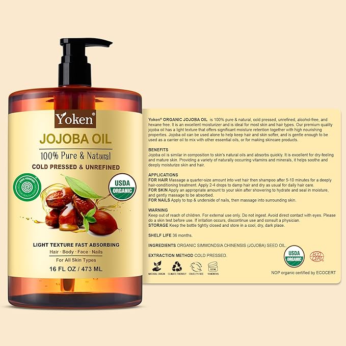 Yoken Pure Jojoba Oil Organic USDA Certified 16 fl oz, 100% Natural Jojoba Oil for Hair, Skin & Face, Cold Pressed Unrefined, Deeply Body Moisturizer Jojoba Carrier Oils for Essential oil Mixing