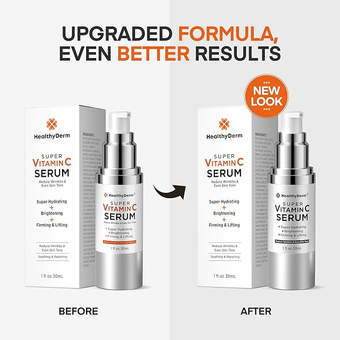 HealthyDerm Super Vitamin C Serum for Women Over 70: Niacinamide, Vitamin C, Hyaluronic Acid, Peptides, Vitamin E, Caffeine, Bakuchiol, Hydrating, Lifting, Face Wrinkle & Age Spots Reduction