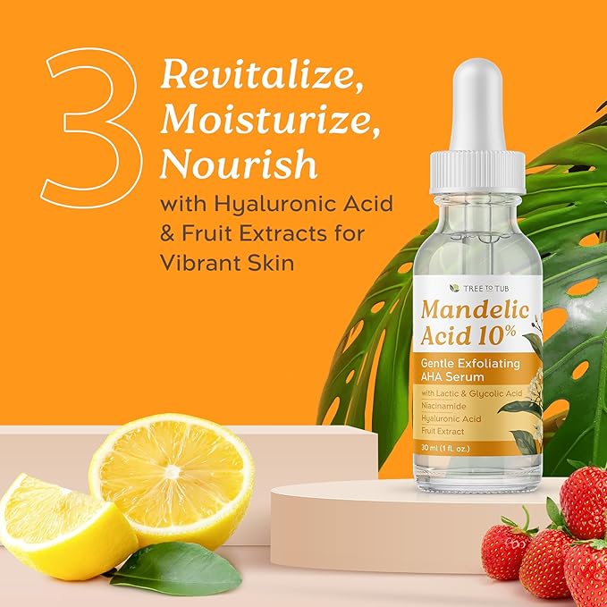 Tree To Tub Mandelic Acid Serum - 10% Gentle Exfoliating AHA Serum w/Lactic & Glycolic Acid for Smoother Skin - Hyaluronic Acid to Hydrate - Vegan Skincare for Men & Women