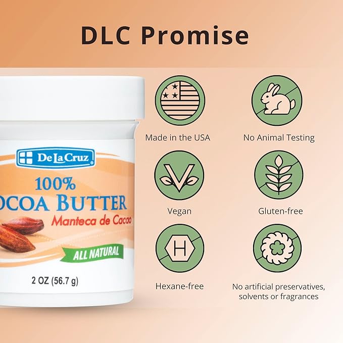 De La Cruz Cocoa Butter - 100% Pure and Natural Cocoa Butter For Dry, Rough Skin - All Natural Hydrating Moisturizer, (Jar - 1 Count, 4 Ounce)