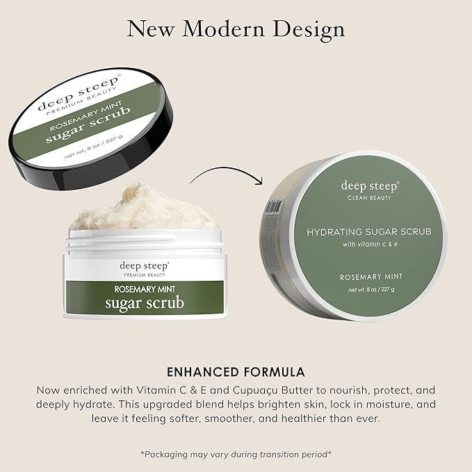 Deep Steep Sugar Scrub, Rosemary Mint, 8 oz – Exfoliating Body Scrub with Organic Coconut Oil, Shea Butter & Argan Oil – Vegan, Clean Beauty, Smooth, Soft & Nourished Skin