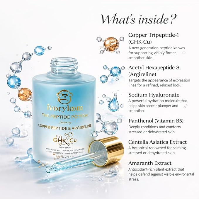 ivoryloom The Peptide Potion - Copper Peptide & Argireline Serum | Advanced Firming Peptide Face Serum | Hyaluronic Acid, Vitamin B5, Centella Asiatica | Luxury Skin Renewal Serum | 1 fl oz