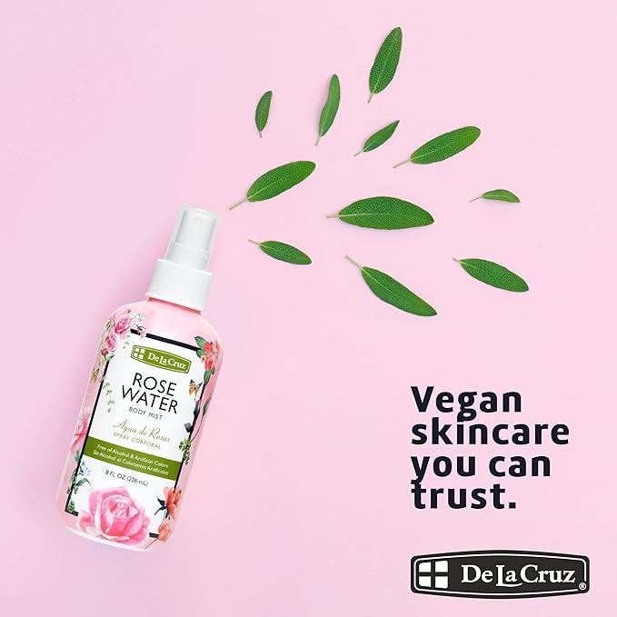 De La Cruz Rose Water Spray, No Parabens or Artificial Colors, Vegan, Made in USA 8 FL. OZ. (2 Bottles)