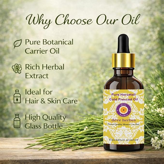 Deve Herbes Horsetail Oil (Equisetum arvense) with Glass Dropper | Cold Pressed | Pure | For Diluting Essential oils | Hair, Skin & Massage | Non-Sticky | Lightweight | Unisex | 10ml (0.33 oz)