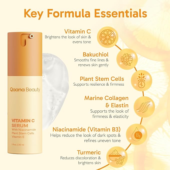 Qaana Super Vitamin C Face Serum for Mature Skin: 7-in-One Hydrating Anti-Aging Formula with Vitamin C, Hyaluronic Acid, Caffeine-Firming, Lifting, Targets Wrinkles, Dark Spots 1 fl oz