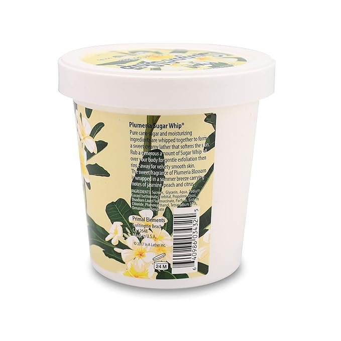 Primal Elements Sugar Scrub, Exfoliating Sugar Whip, Face and Body Cleanser, Moisturizer, Plumeria, 10 oz Package