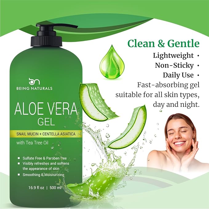 Being Naturals Aloe vera Gel - from 100% Pure Organic Aloe Infused with Snail Mucin/Centella Asiatica - Natural Raw Moisturizer for Face, Body, Hair. Perfect for Sunburn, Acne, Razor Bumps 16.9 fl oz