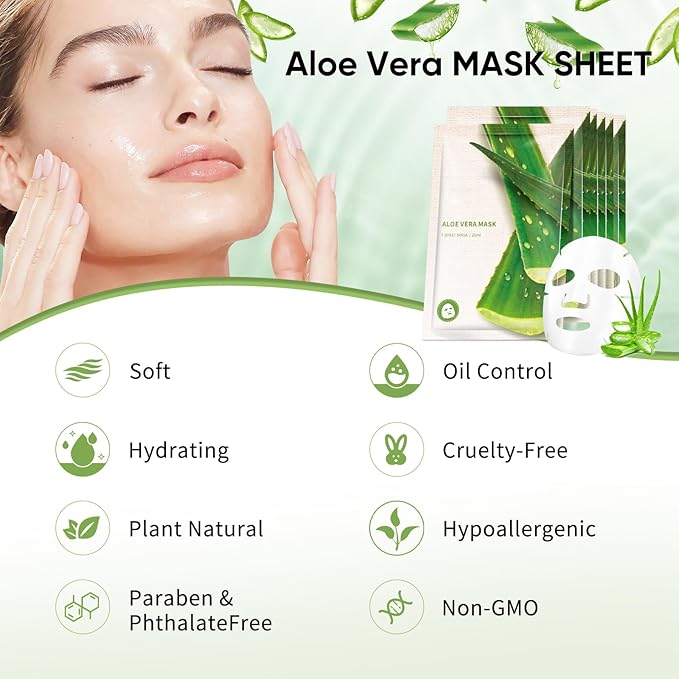 Aloe Vera Face Masks Sheet for Women,Moisturizes Facial Masks Oil Control,Hydrates, Soothes,Home Spa Facial Sheet Mask For All The Skin（6Pack）
