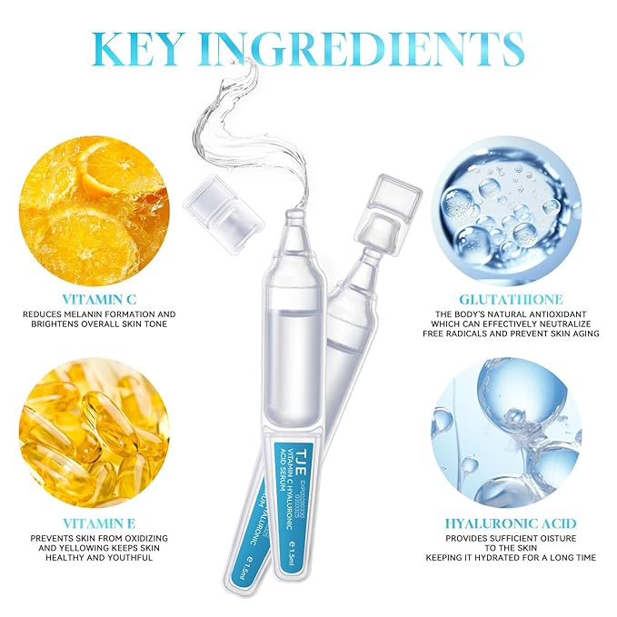 Vitamin C Hyaluronic Acid Serum for Face, Hydrating Facial Serum with 30 Single Use Vials, Lightweight Fast Absorbing Moisture Care for Dry Skin, Pre Makeup Skincare