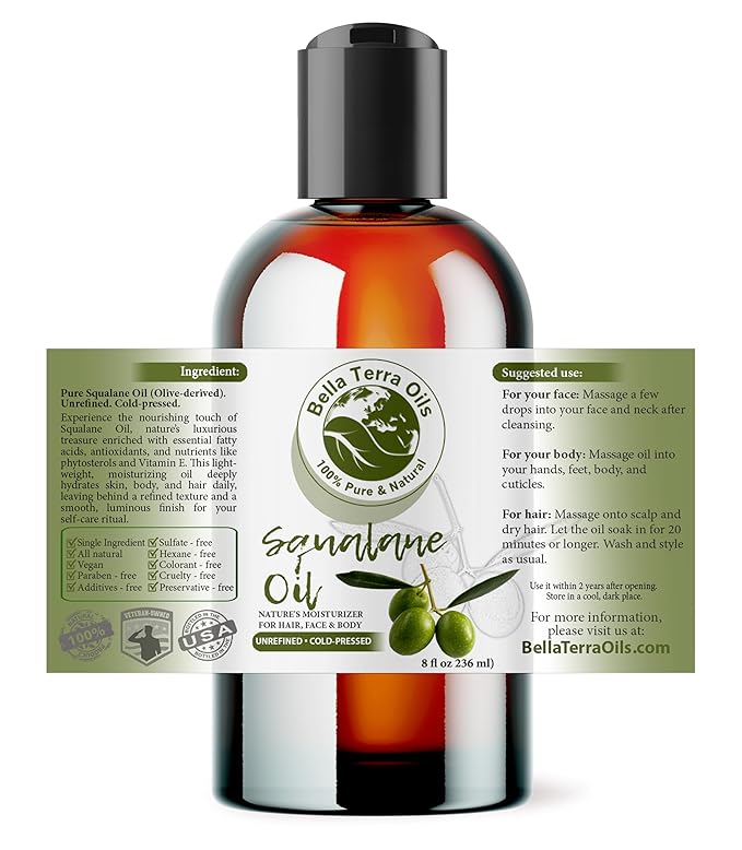Bella Terra Oils - Organic Squalane Oil 8 oz - Harvested from Bitter Organic Squalanes, Famed for its Vitamin E & Omega-9, Cold-Pressed Elixir for Skin