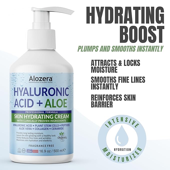 Alozera Hyaluronic Acid Face & Body Lotion with Aloe Vera, Daily Moisturizing Lotion for Dry Skin Hydration & Refresh, Non-Greasy, Lightweight, Fragrance-Free Moisturizer, 16.9 oz (2-Pack)
