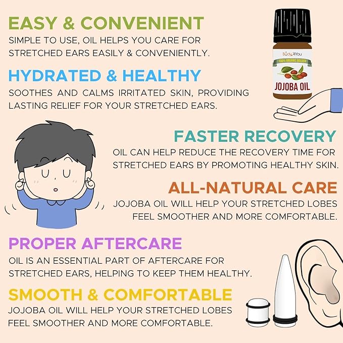 BodyJ4You Organic Jojoba Oil Piercing Aftercare - USDA 100% Pure Cold Pressed Ear Stretching Oil - Gauge Care Nose Septum Cartilage Tragus Navel - Natural Skin Recovery Moisturizer Vegan - 0.17 Fl Oz