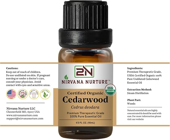 Cedarwood Essential Oil, USDA Certified Organic, 100% Pure Undiluted, Aromatherapy Oil for Diffuser, Hair & Skin Care