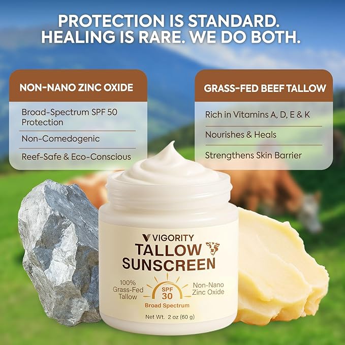 Beef Tallow Sunscreen with Clear Zinc: Non-Toxic SPF 30 Sunscreen for Face & Body, Natural Sunblock with Nourishing Tallow & Botanical Extracts (2 Fl Oz (Pack of 1))