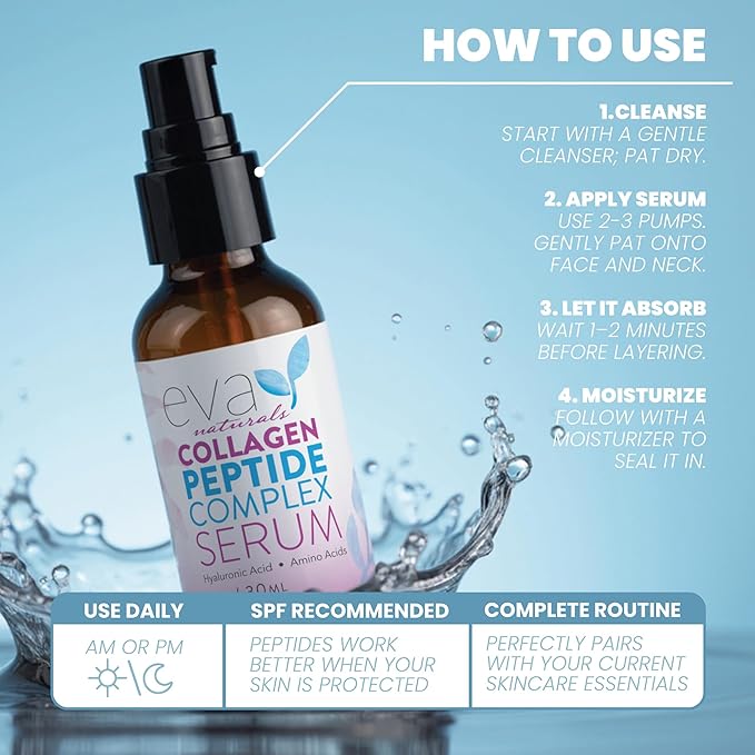 Eva Naturals Multi Peptide Face Serum – Anti Aging Collagen Peptides for Plump & Firm Skin Elasticity, Wrinkle & Fine Line Renewal, Fragrance Free Firming Facial Skincare - 1 oz
