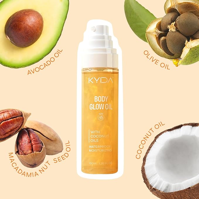 KYDA Travel Size Sunscreen,SPF 45 Sunscreen Spf Body Oil with Gold Mica, Sun-kissed Glow Skin Illuminator, Moisturizing Coconuts Summer Sunscreen,Water Resistant, 3.38 fl oz, GOLD