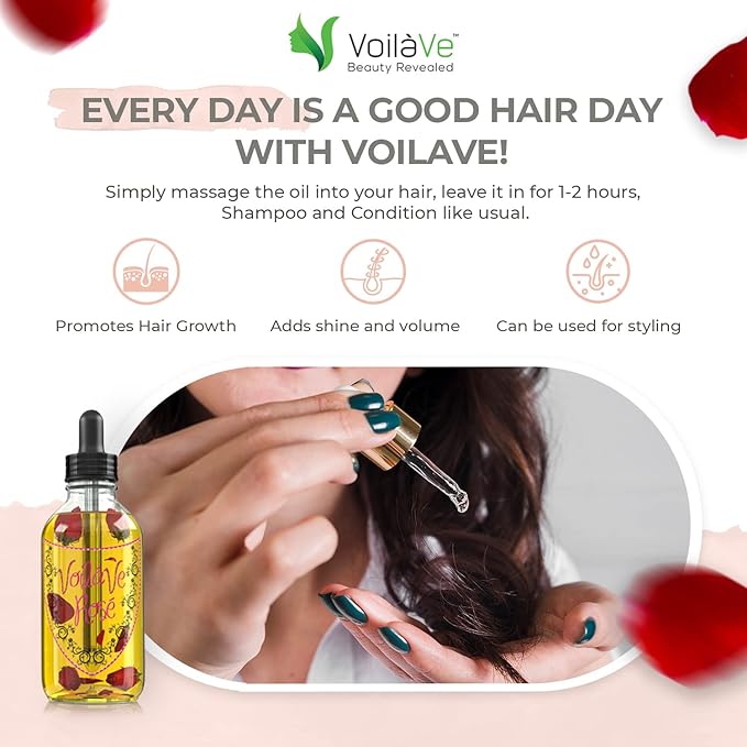 VoilaVe Organic Rose Oil for Face, Hair & Body - Hydrating Moisturizer for Dry Skin, Scalp, Nails & Cuticles - Reduces Wrinkles, Fine Lines, Scars - Infused with Rose Petals & Bergamot - 4 Fl Oz