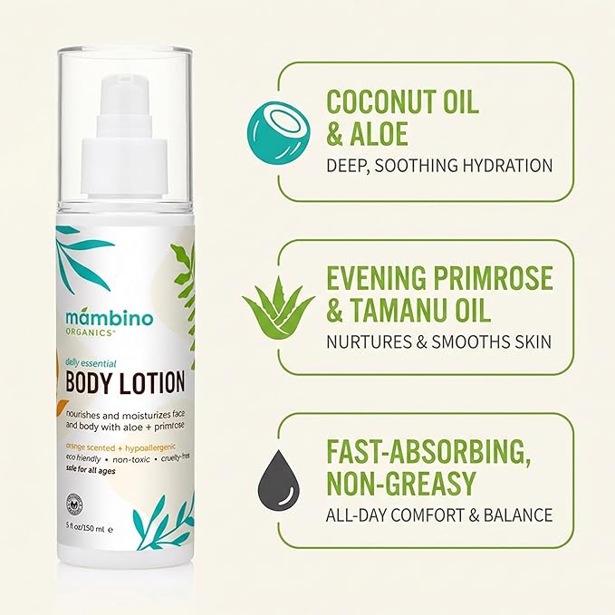 Mambino Organics Daily Essential Face & Body Lotion, Hydrating Body Lotion with Coconut, Aloe & Tamanu Oil, Lightweight Moisturizer for Dry Skin, Vegan & Cruelty-Free Skin Care, 5 fl oz (3-Pack)
