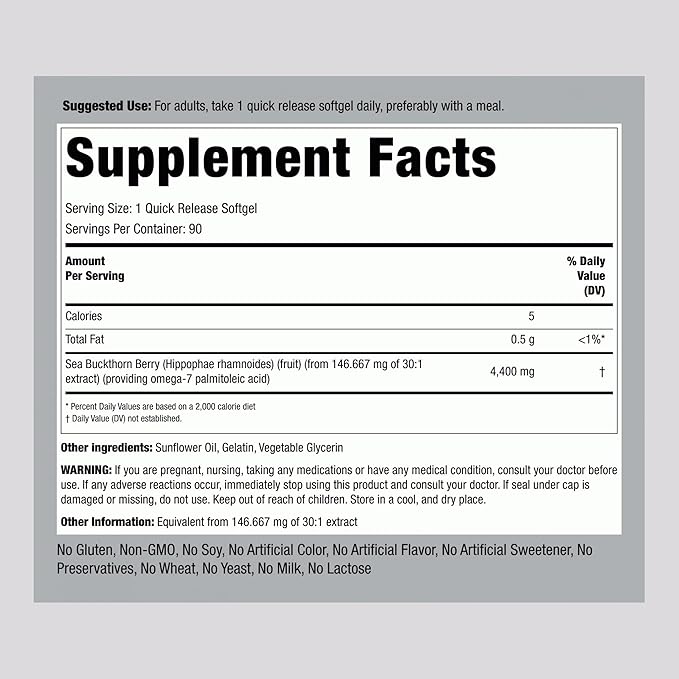 Piping Rock Sea Buckthorn Oil Capsules | 90 Softgels | Sea Buckthorn Berry Extract | with Omega-7 | Gluten Free, Non-GMO
