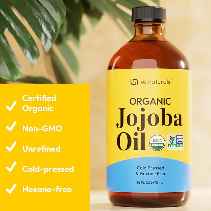 Us Naturals 16oz Organic Jojoba Oil – Glass Bottle – USDA Certified Organic & Non-GMO – 100% Pure, Cold-pressed, Unrefined, Hexane-free – Premium Glow-Boosting Oil
