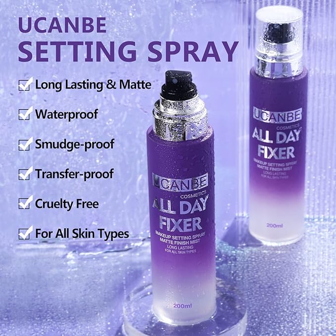 UCANBEMAKEUP Long Lasting Makeup Setting Spray Kit- 6.76 Fl oz Hydrating Matte Finish Mist Lightweight Face Make up Fixer +Travel Size Spray Bottle+Sponge Puff Makeup Set