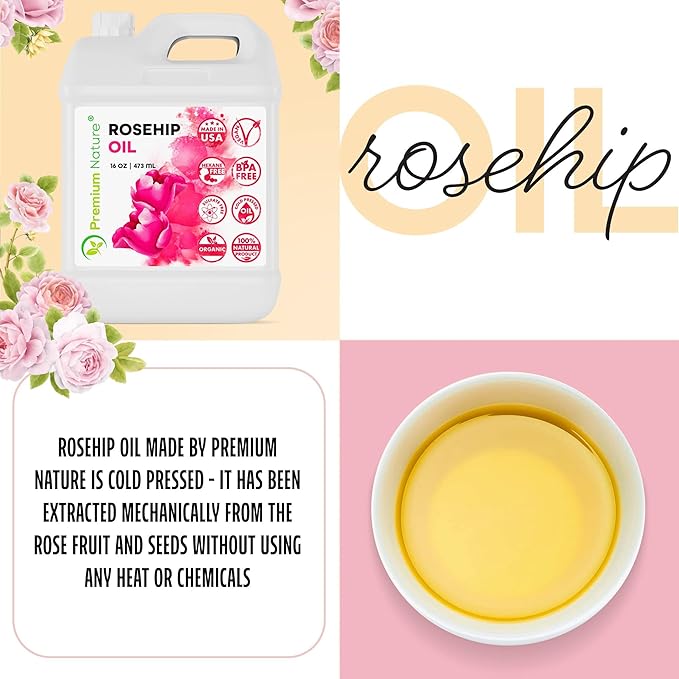 Premium Nature Rosehip Oil For Face for Women, Rosehip Seed Pure Cold Pressed Unrefined For Hair and Nails Skin Care Moisturizer, Rose Hips Face Oils and Serums 16 oz