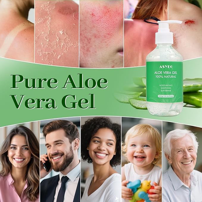 Aloe Vera Gel 300 ml – 100% Natural Pure Aloe Vera for Face Body Hair, Soothing and Nourishing Moisturising Aloe Cream for Dry Skin, Sunburn, Acne, After Sun Lotion