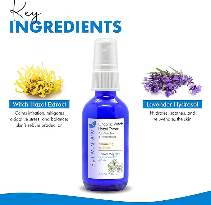 Blue Beautifly USDA Certified Organic Witch Hazel Toner for Face - Purifies Pores & Balances Sebum - with Skin-Soothing Lavender Hydrosol - Double Distilled & Undiluted for Maximum Potency - 2 fl oz