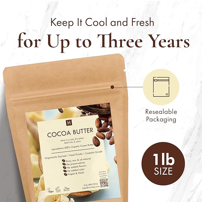Raw Cocoa Butter-16 oz. - Non GMO - Vegan - Small disks for easy measurement - By SAAQIN ® - Sold exclusively by HalalEveryday