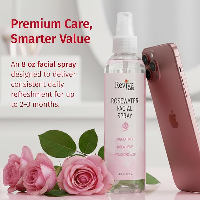 Reviva Labs Rosewater Facial Spray with Soothing Aloe, Herbs & Hyaluronic Acid - Hydrating Rose Water Spray for Face Agua de Rosas para La Cara - Face Mist Toner for All Skin Types, 8 Fl Oz