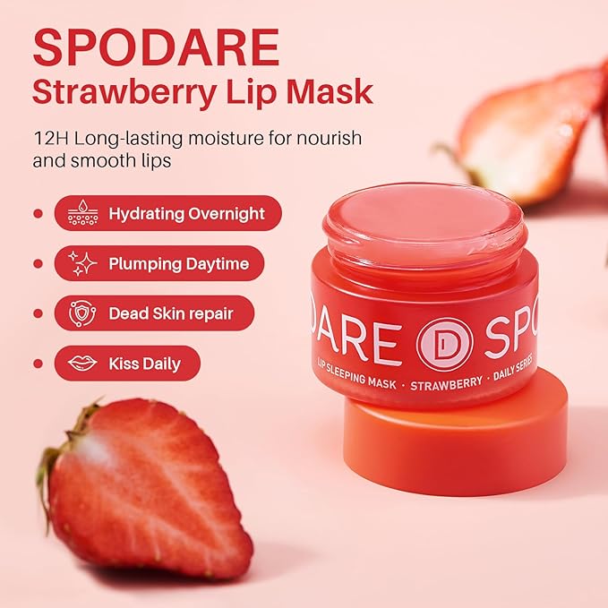 SPODARE Sleeping Lip Mask Strawberry - Overnight Lip Treatment, Lip Care Hydration, Repair for Dry Cracked Lips, Vitamin C, Soft and Nourished Lips Overnight, Christmas, with Shea Butter - 0.42 Fl Oz
